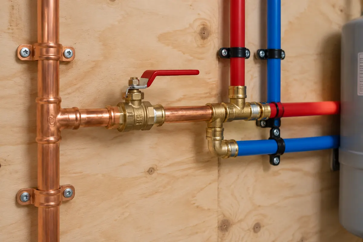Copper and PEX supply pipes with a brass shutoff valve on a plywood wall