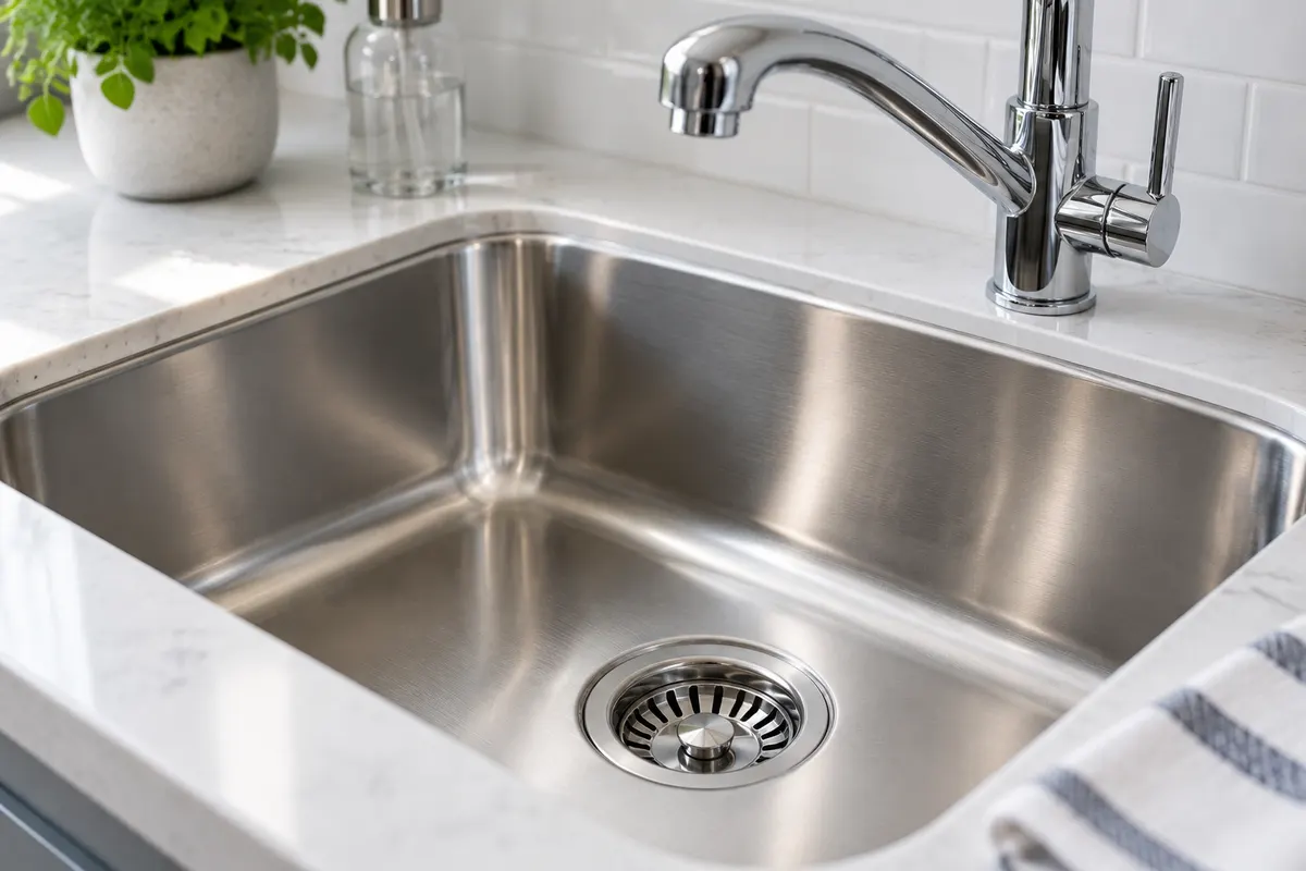 Stainless steel kitchen sink with a chrome faucet