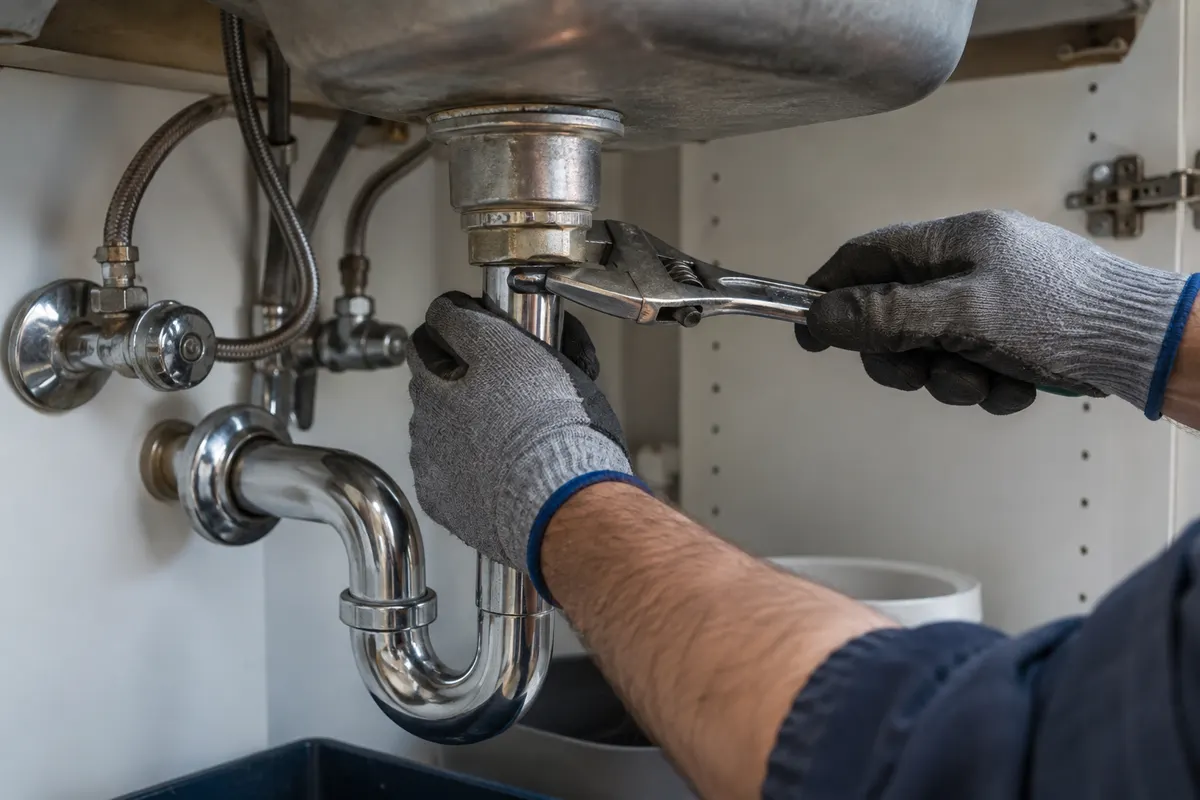 Gloved hands tightening a chrome sink trap with an adjustable wrench