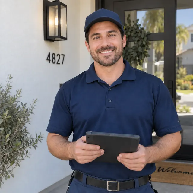 Plumber in a navy polo holding a tablet at a front door