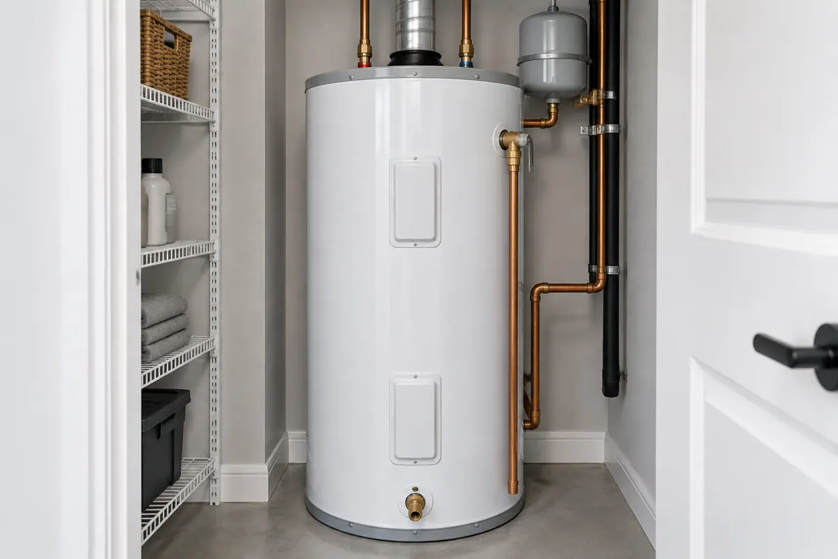 White tank water heater in a utility closet with copper supply lines